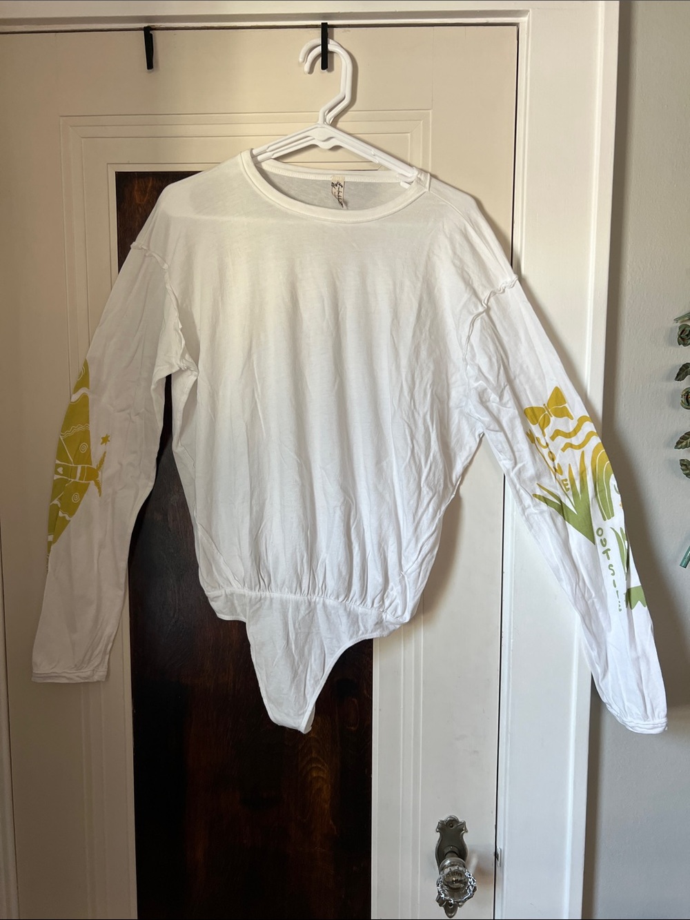 Free People White Long Sleeve womens Top with Yellow Sleeve Prints